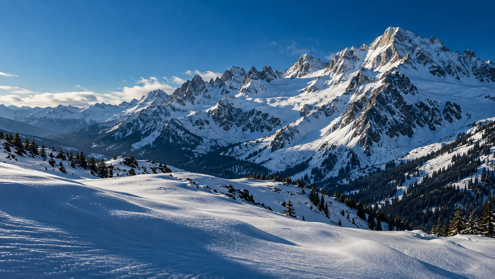 Sunlit snow-covered alpine peaks beneath a blue winter sky
